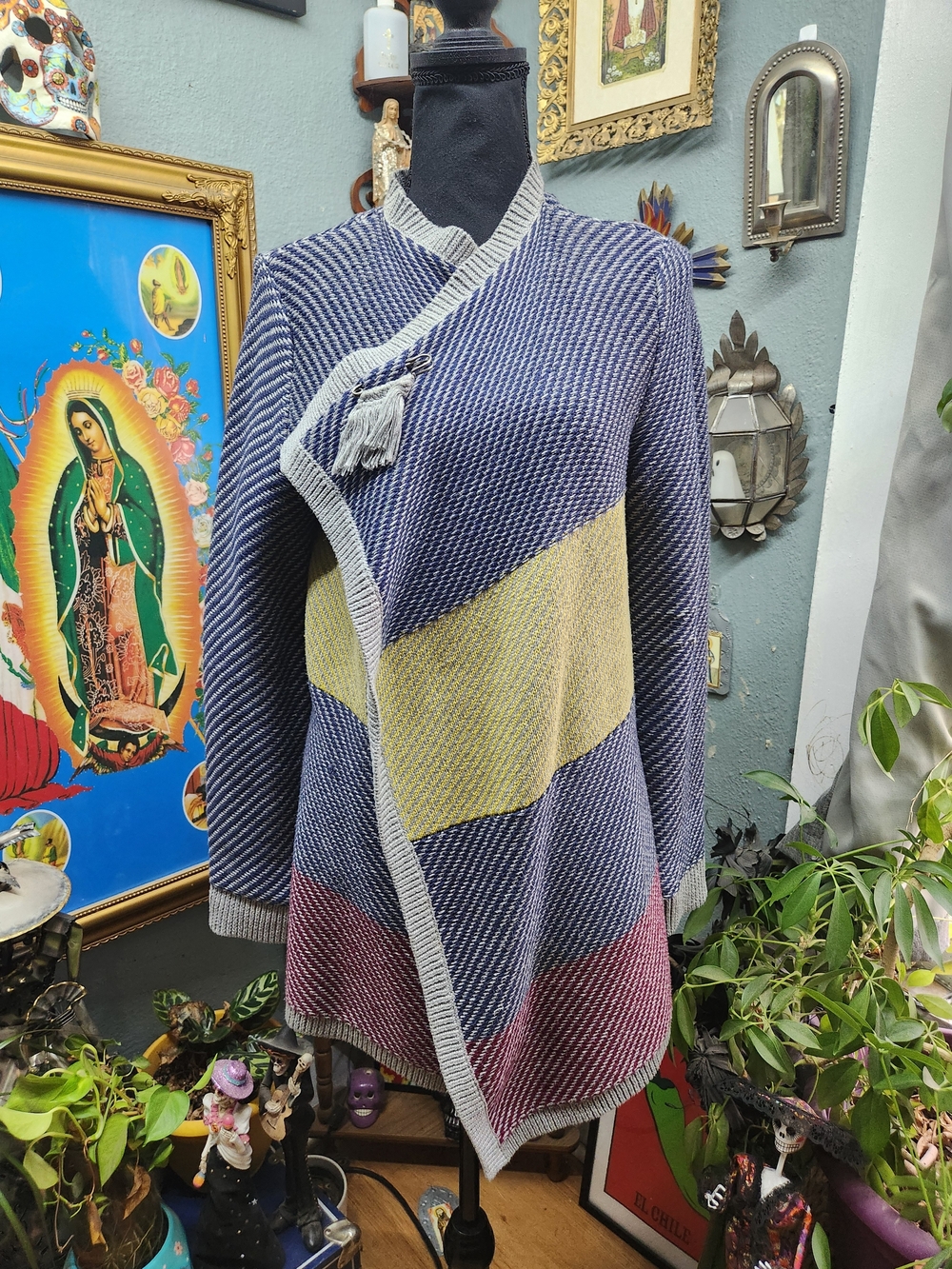 CAbi Multicolor Diagonal Stripe Knit Cardigan - Blue, Yellow, Pink